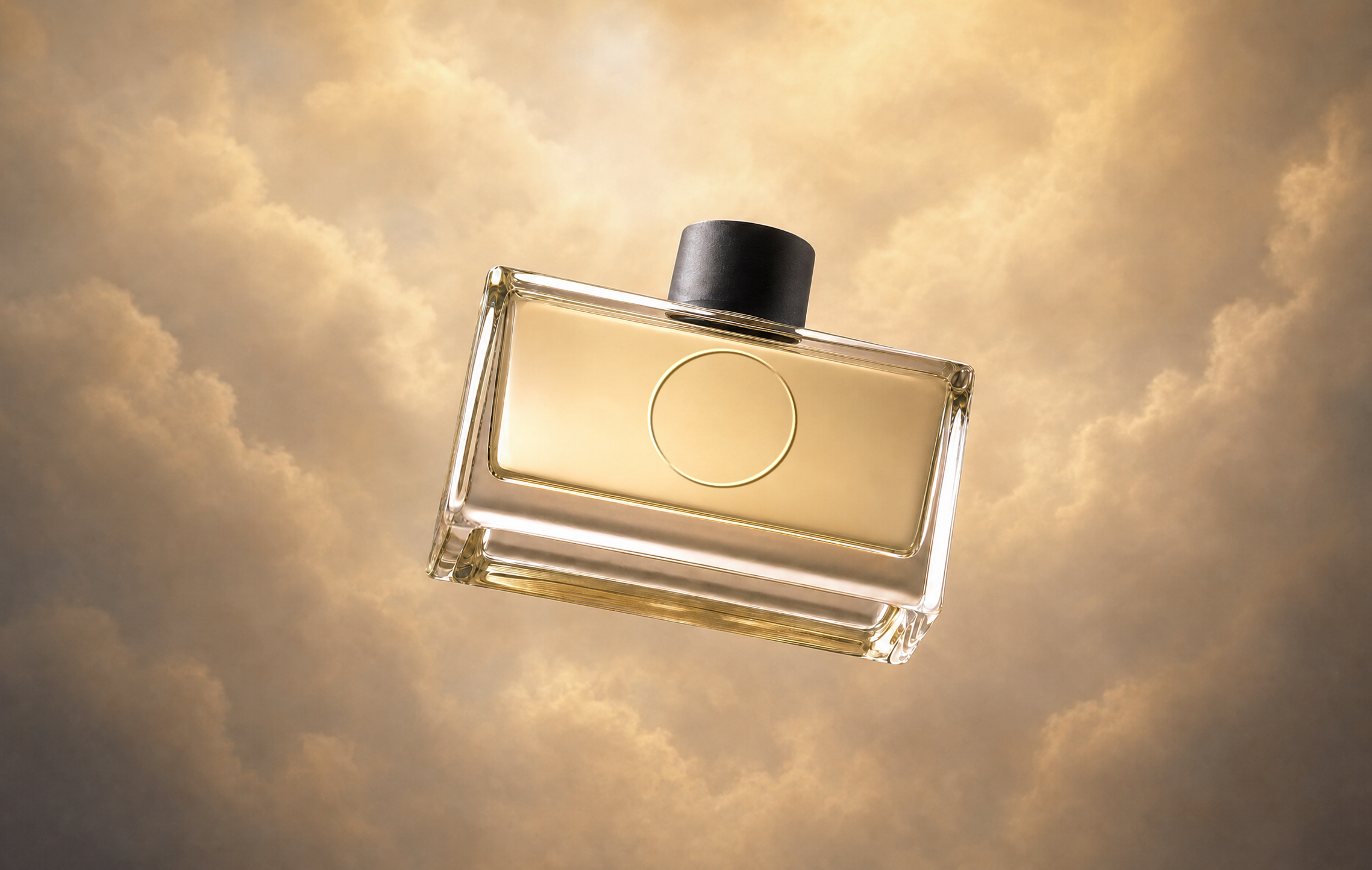 A perfume bottle against a golden sky in a Pika product image