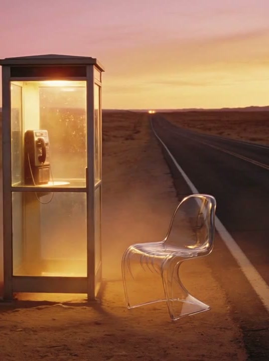 An imagined desert roadside scene with a glowing phone booth from Pika API Club