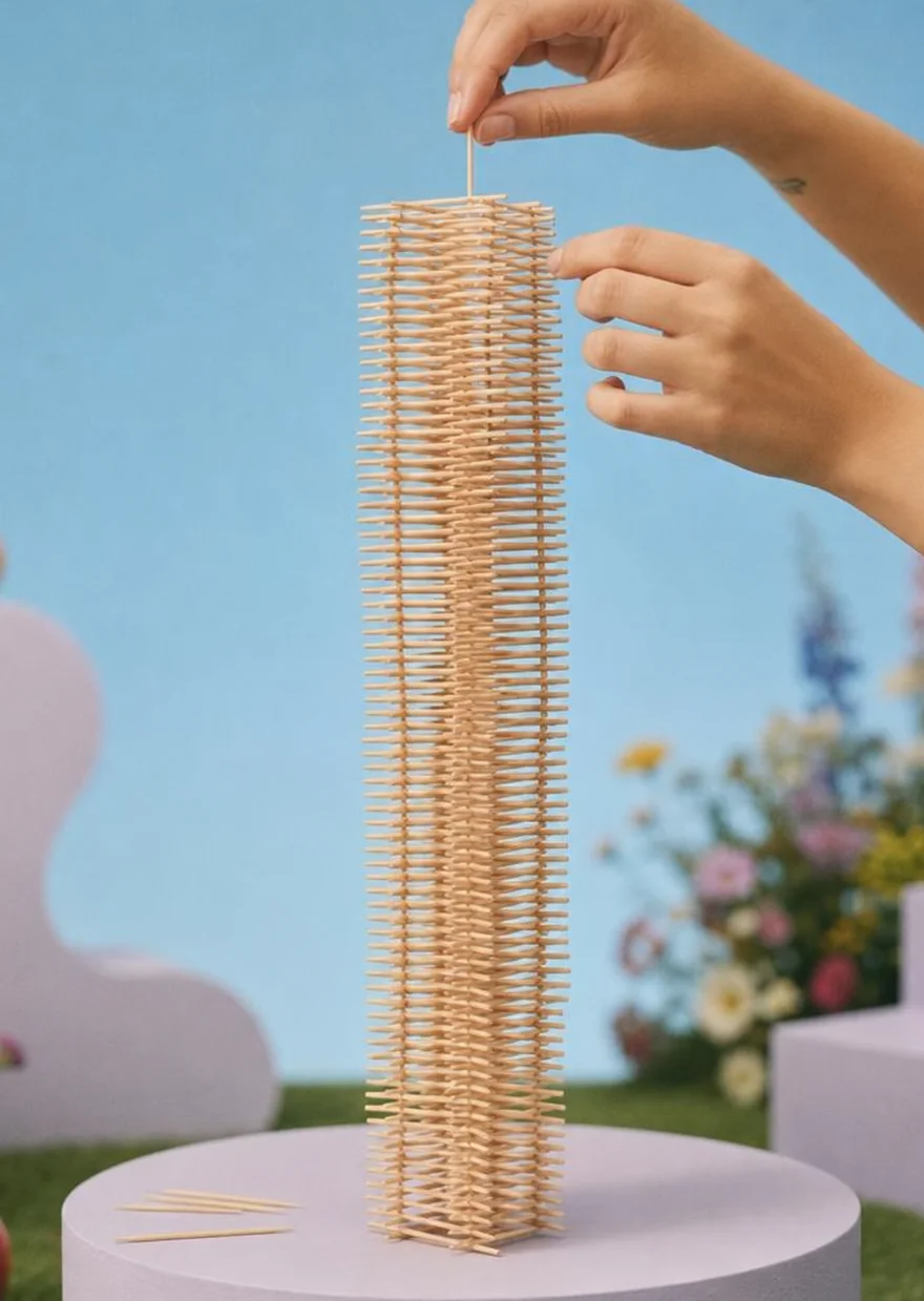 Hands building a delicate wooden tower in Pika API Club’s developer showcase